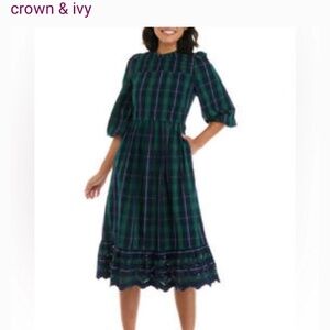 Crown & Ivy Green Blue Plaid  Midi Dress Eyelet Hem  Size 6